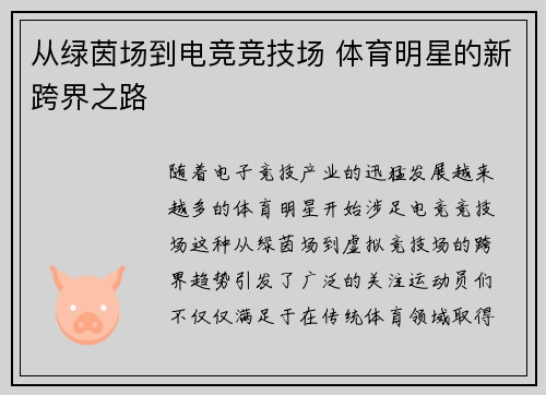 从绿茵场到电竞竞技场 体育明星的新跨界之路