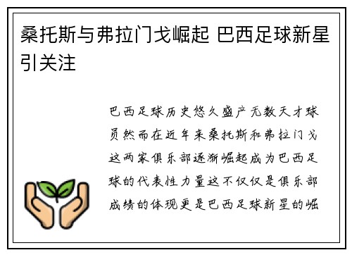 桑托斯与弗拉门戈崛起 巴西足球新星引关注