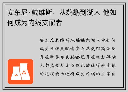 安东尼·戴维斯：从鹈鹕到湖人 他如何成为内线支配者