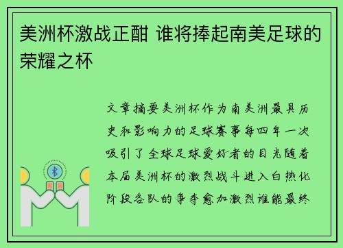 美洲杯激战正酣 谁将捧起南美足球的荣耀之杯